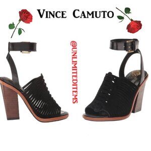 Vince Camuto Womens Frenela Black Suede Woven Block Heel Shoes NWT